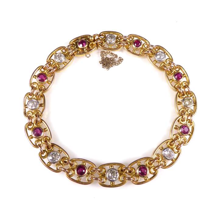 Antique gold, ruby and diamond openwork link bracelet